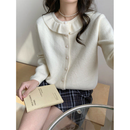 Damen Strickpullover Romantischer Rüschenkragen Feine Knöpfe