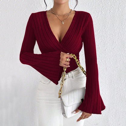 Damen Wickeloberteil Langärmlig Rippdetails Elegant Eveloria