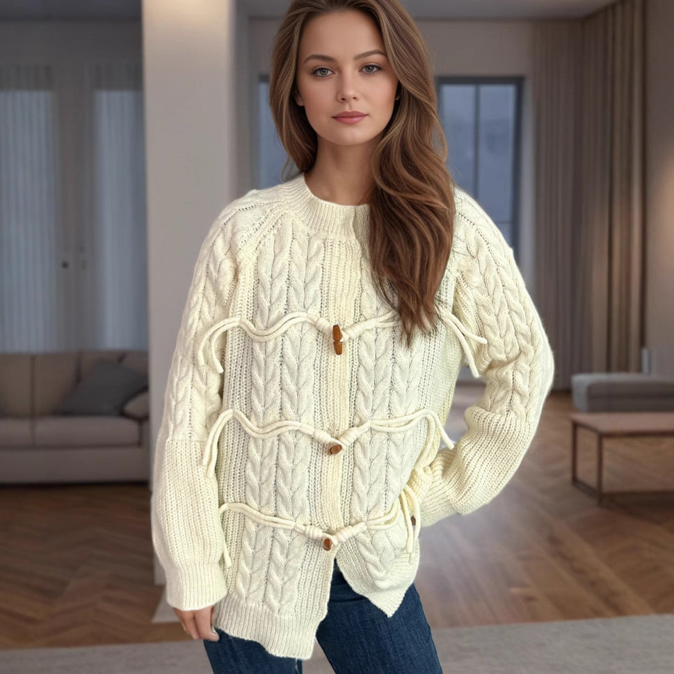 Damen Grobstrickjacke Kordelzug Holzknöpfe Beige