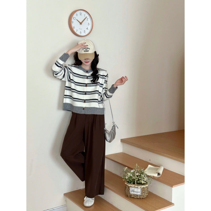 Damen Cardigan Streifenmuster Knöpfe Beige