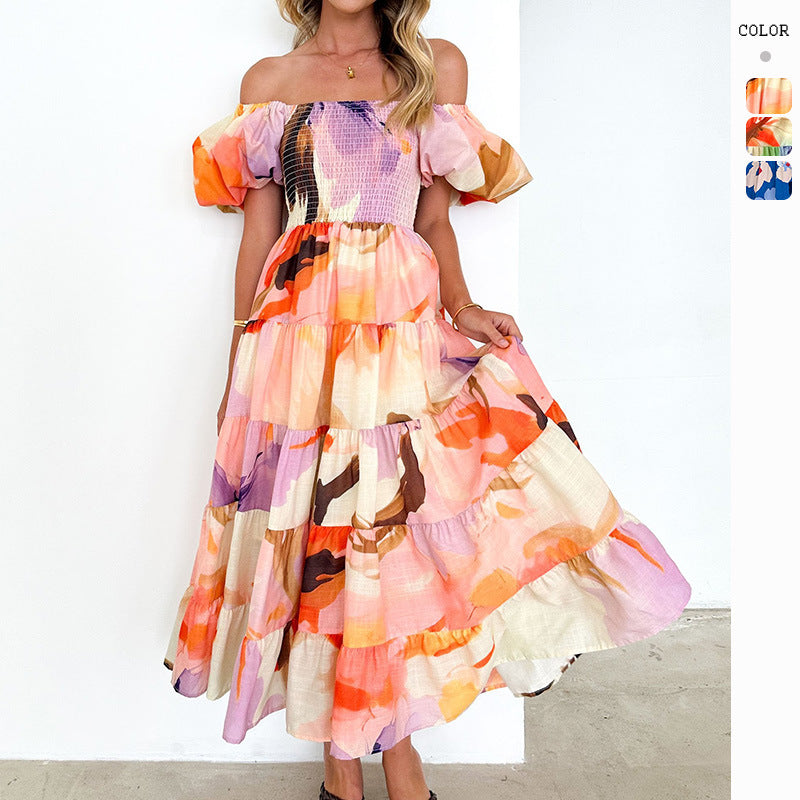 Damen Maxikleid Schulterfrei Puffärmel Eveloria - Eveloria