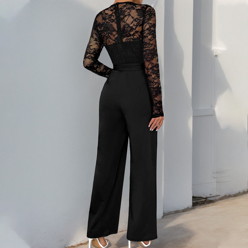 Damen Jumpsuit Spitzenoberteil Taillengürtel Eveloria