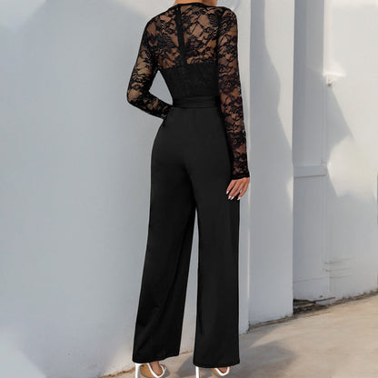 Damen Jumpsuit Spitzenoberteil Taillengürtel Eveloria