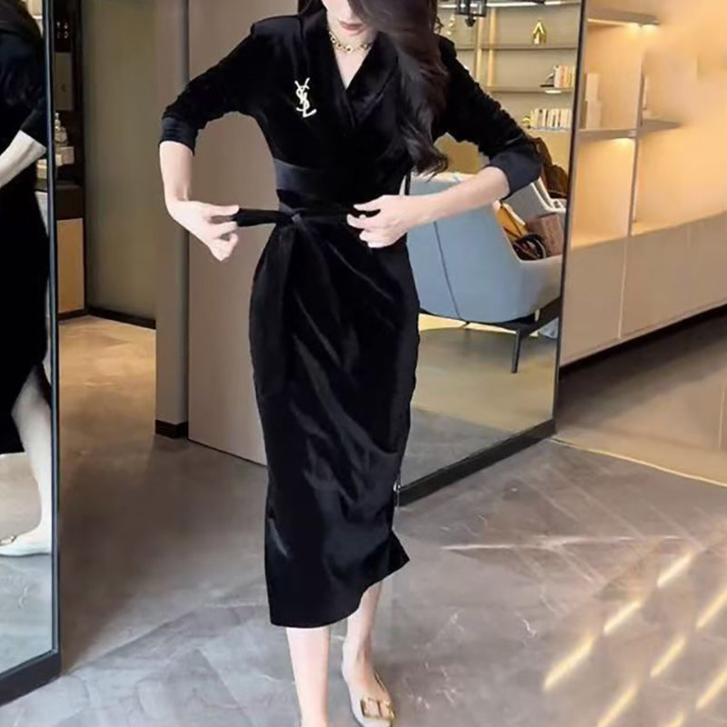 Damen Langarmkleid Wickeldesign Rüschensaum Eveloria