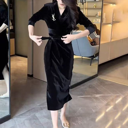 Damen Langarmkleid Wickeldesign Rüschensaum Eveloria