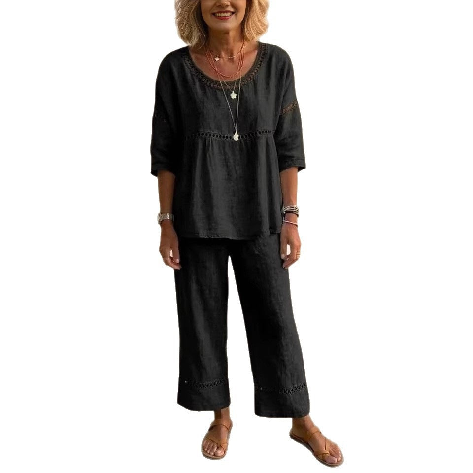 Damen Loungewear-Anzug Leinen Luftig Spitze Beige