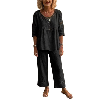Damen Loungewear-Anzug Leinen Luftig Spitze Beige