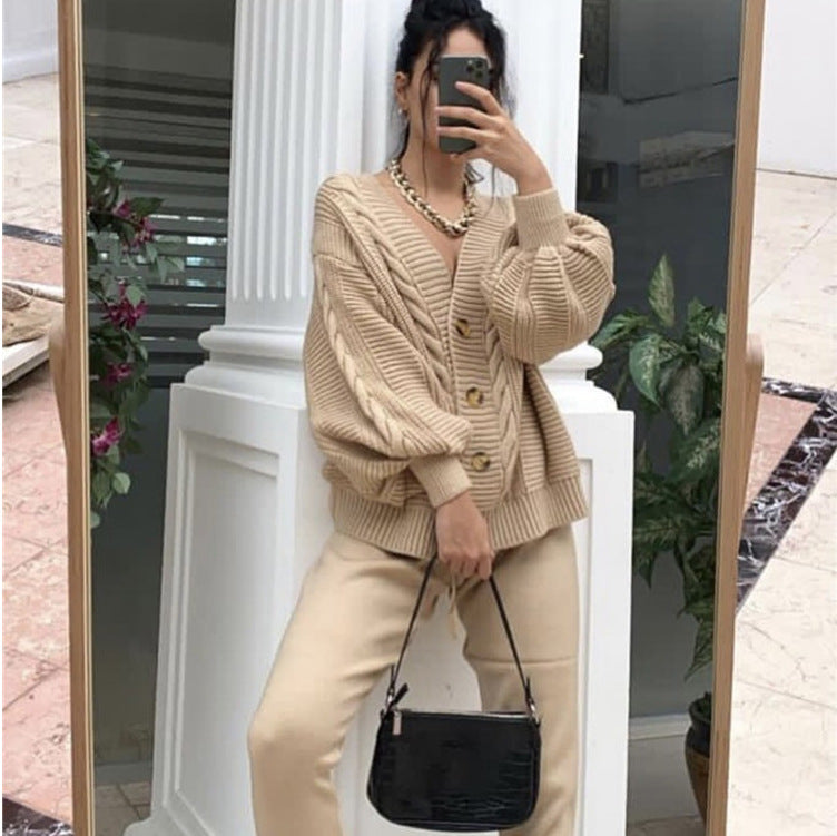 Damen Grobstrickjacke Rippstruktur Vorderknöpfe Beige