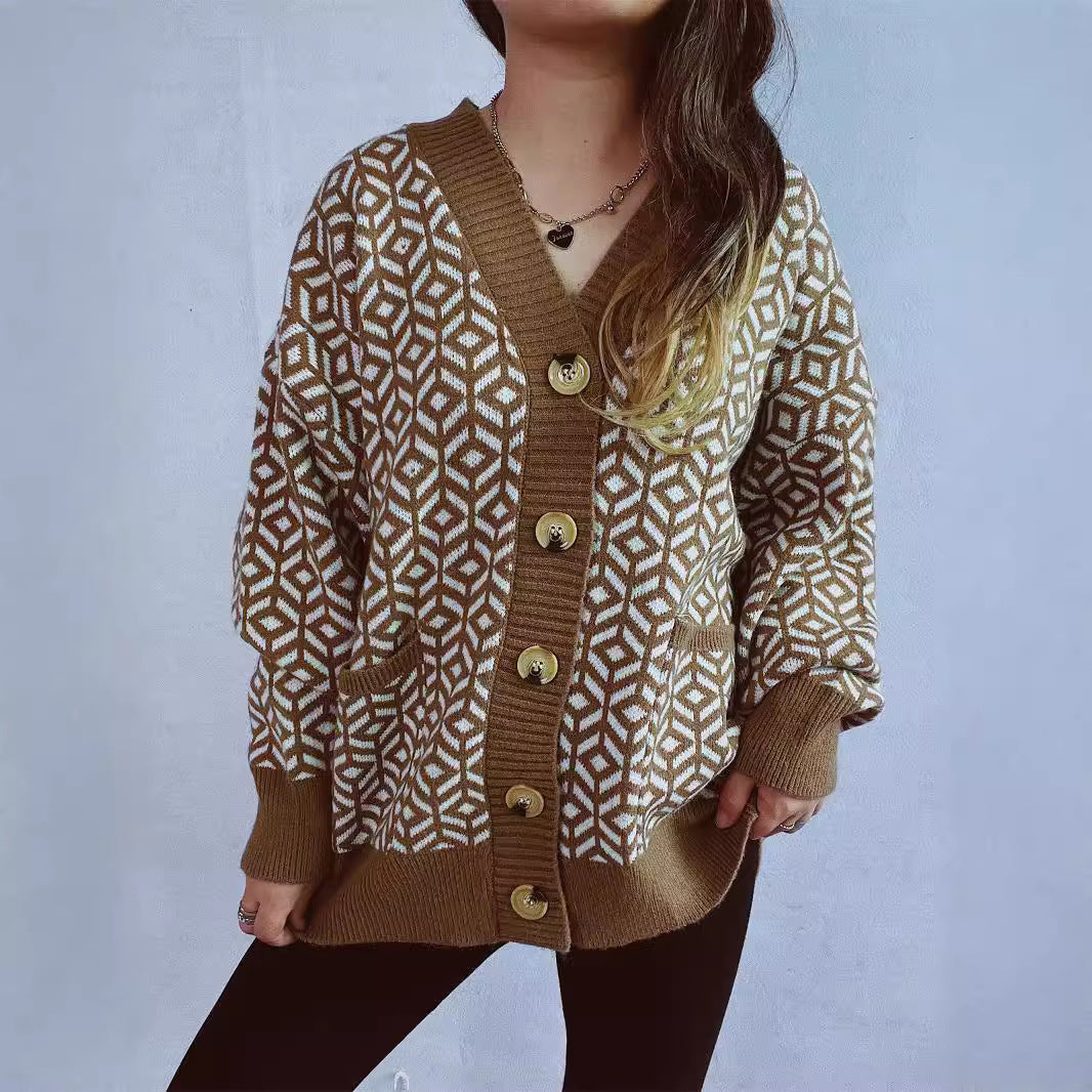 Damen Strickjacke geometrisches Muster Goldton