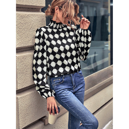 Damen Bluse Hochgeschlossener Kragen Grafisches Muster Eveloria