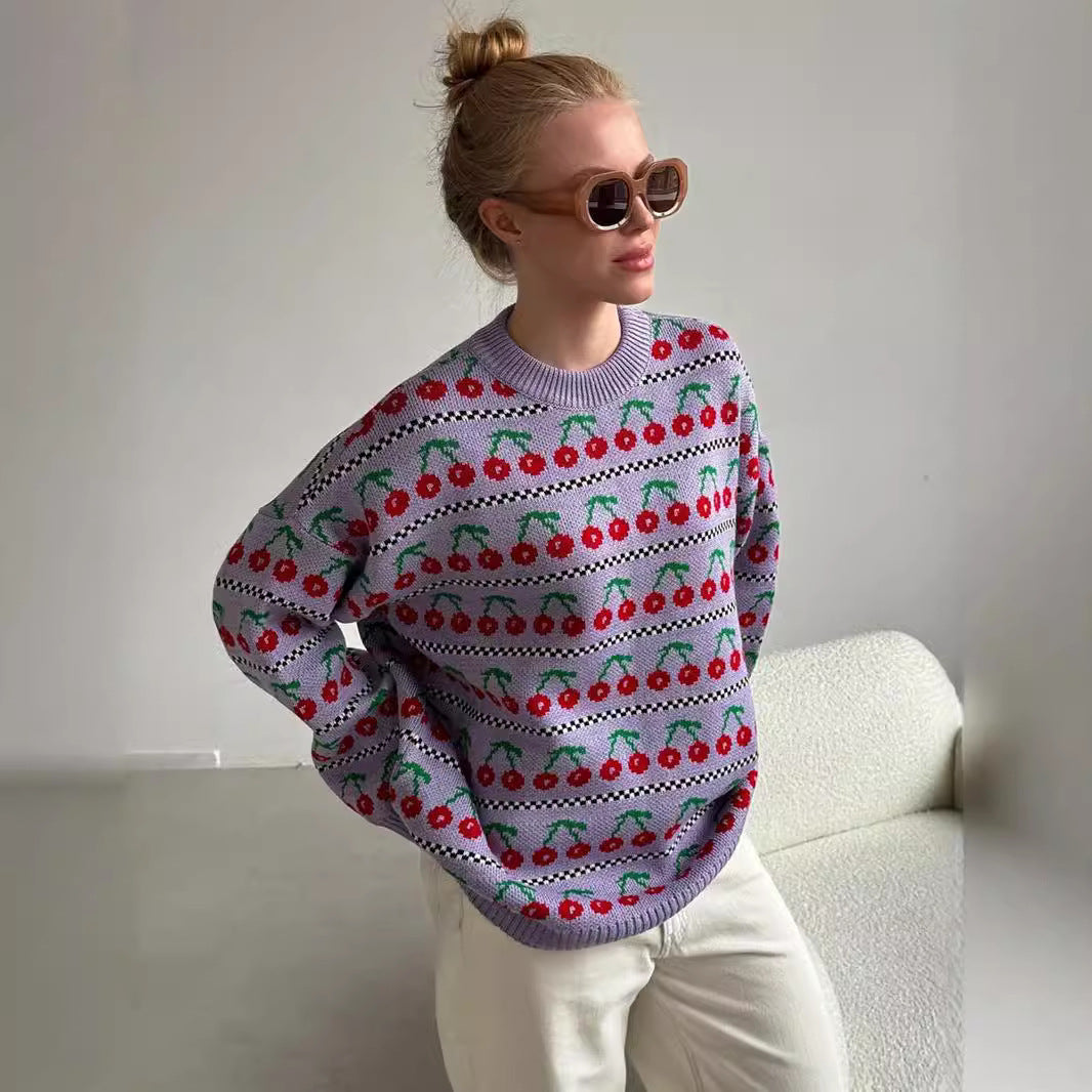 Damen Strickpullover Kirschmotiv Eveloria