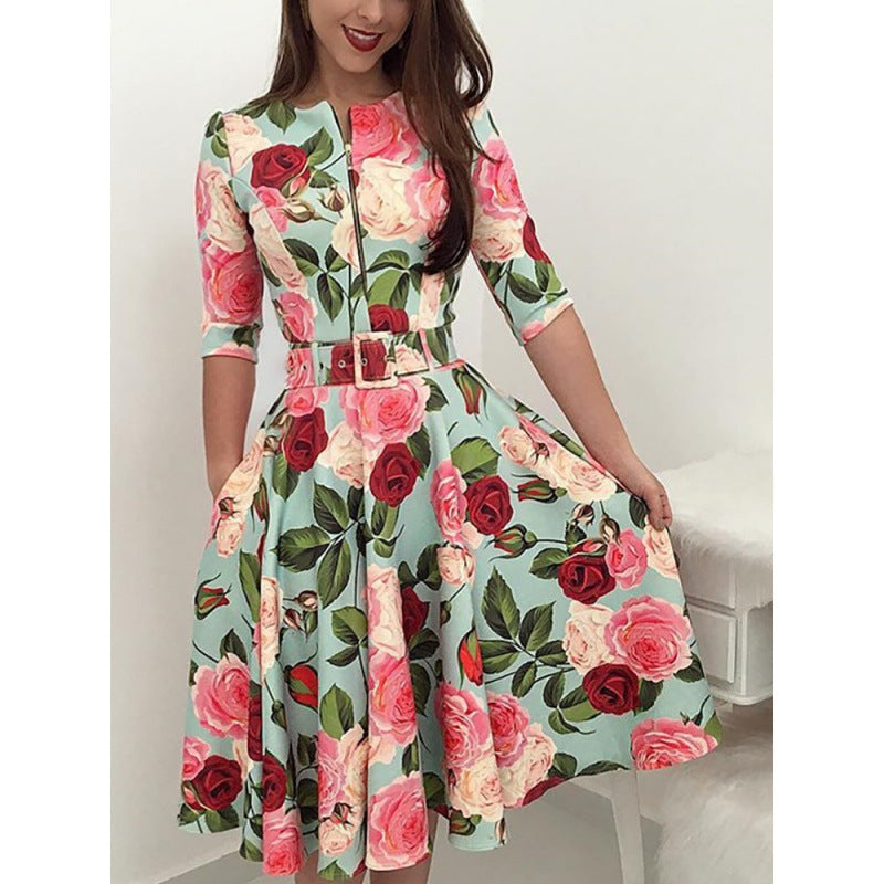 Damen Midikleid Floralmuster Taillengürtel Eveloria