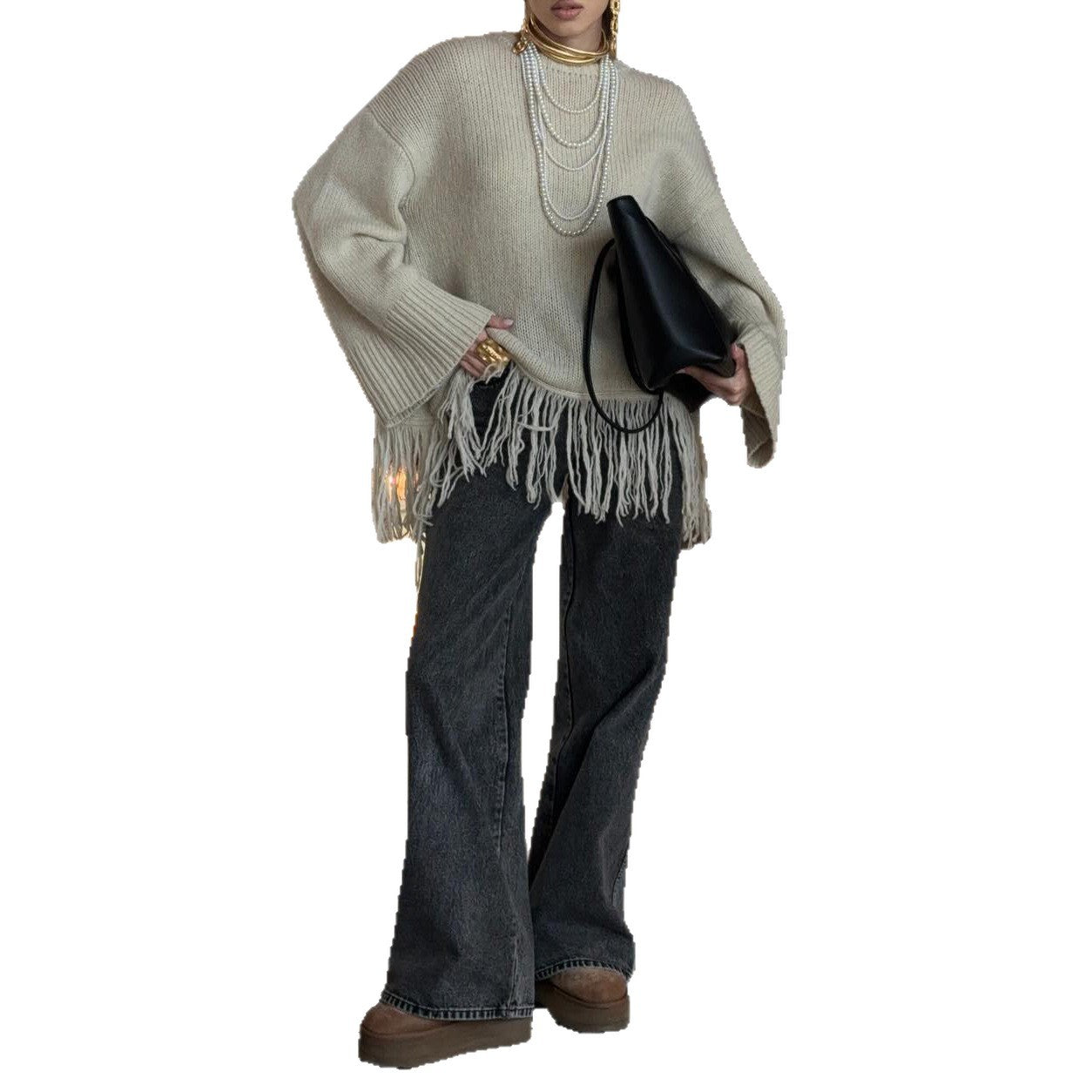 Damen Strickpullover mit Fransen Eveloria