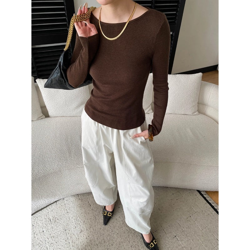 Damen Langarmoberteil Weiches Strick Oberteil Rippstruktur Beige