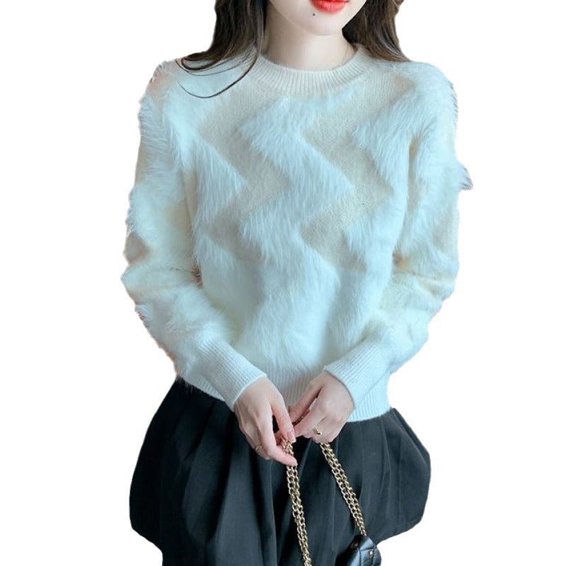 Damen Pullover Flauschig Geometrisches Muster Weite Passform Eveloria