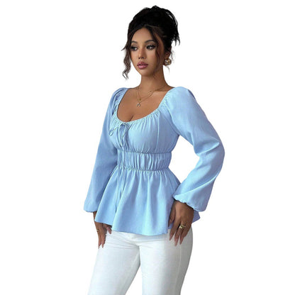 Damen Bluse Lässig Tailleneinsatz Voluminöse Ärmel Eveloria