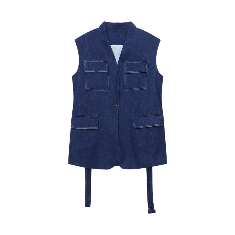 Damen Denimweste Lässig Große Taschen Modischer Schnitt Blau Eveloria