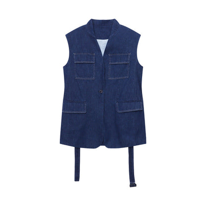 Damen Denimweste Lässig Große Taschen Modischer Schnitt Blau Eveloria