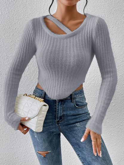 Damen Off-the-Shoulder Stricktop Elastischer Saum Beige