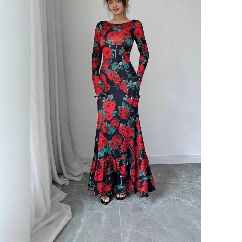 Damen Maxikleid mit Rüschendetails und langem Arm Floral Eveloria