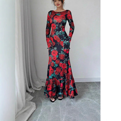 Damen Maxikleid mit Rüschendetails und langem Arm Floral Eveloria