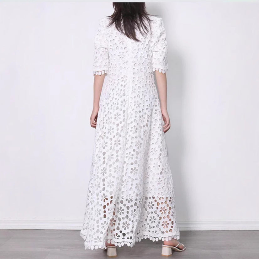 Damen Maxikleid mit Floralmuster Cut-Outs Spitzenkragen