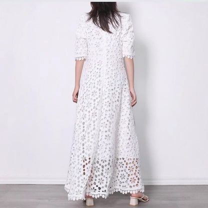 Damen Maxikleid mit Floralmuster Cut-Outs Spitzenkragen