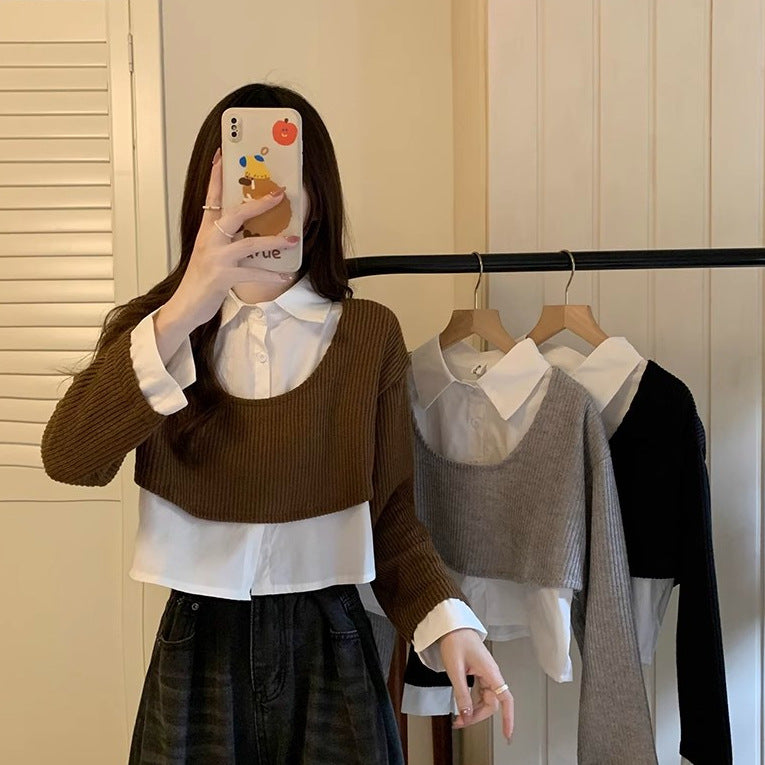 Damen Strickpullover mit Hemd Cropped Ausführung