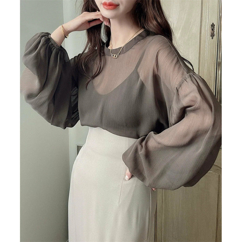 Eveloria Damen Bluse Rundhalsausschnitt Voluminöse Ärmel Elegante