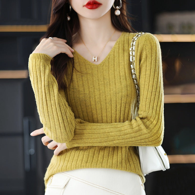 Damen Strickpullover V-Ausschnitt Feine Rippenstruktur Eveloria
