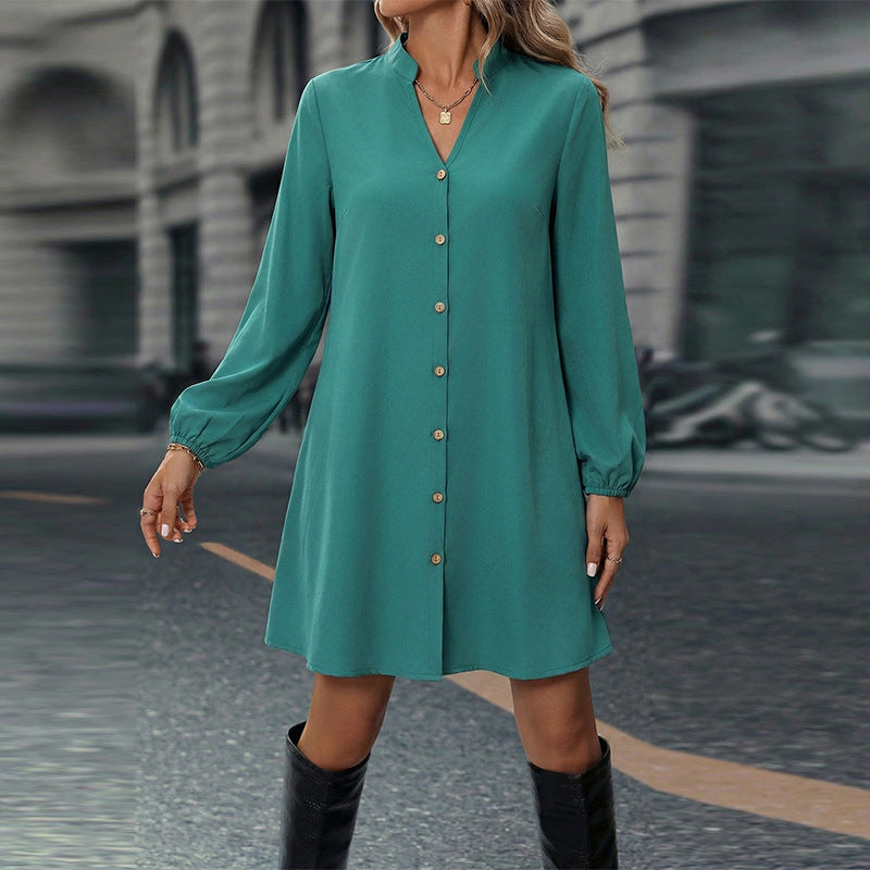 Damen Hemdkleid mit Knöpfen Langer Ärmel Baumwolle Blau Eveloria