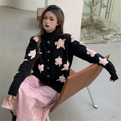 Damen Strickjacke Blumenmuster Knopfverschluss Eveloria