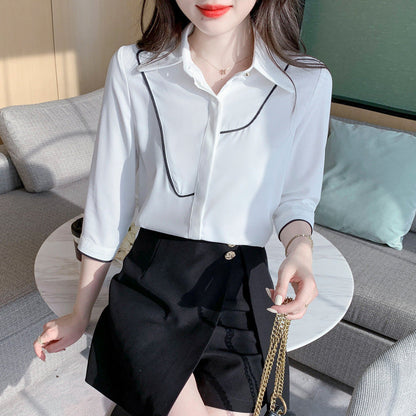 Damen Bluse Klassischer Kragen Kontrastpaspelierung Eveloria