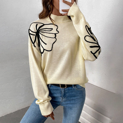 Damen Strickpullover Florales Design Hoher Kragen Eveloria