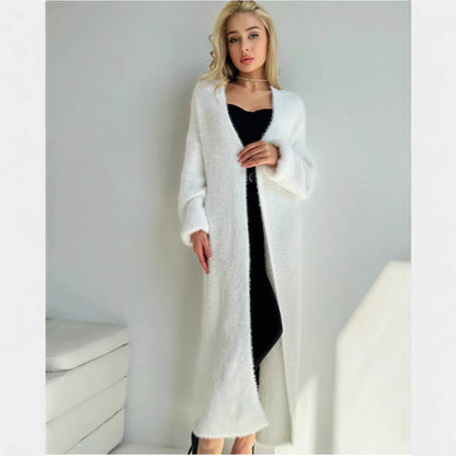 Damen Strickcardigan Lang Kuschelig Eleganter Schnitt Beige