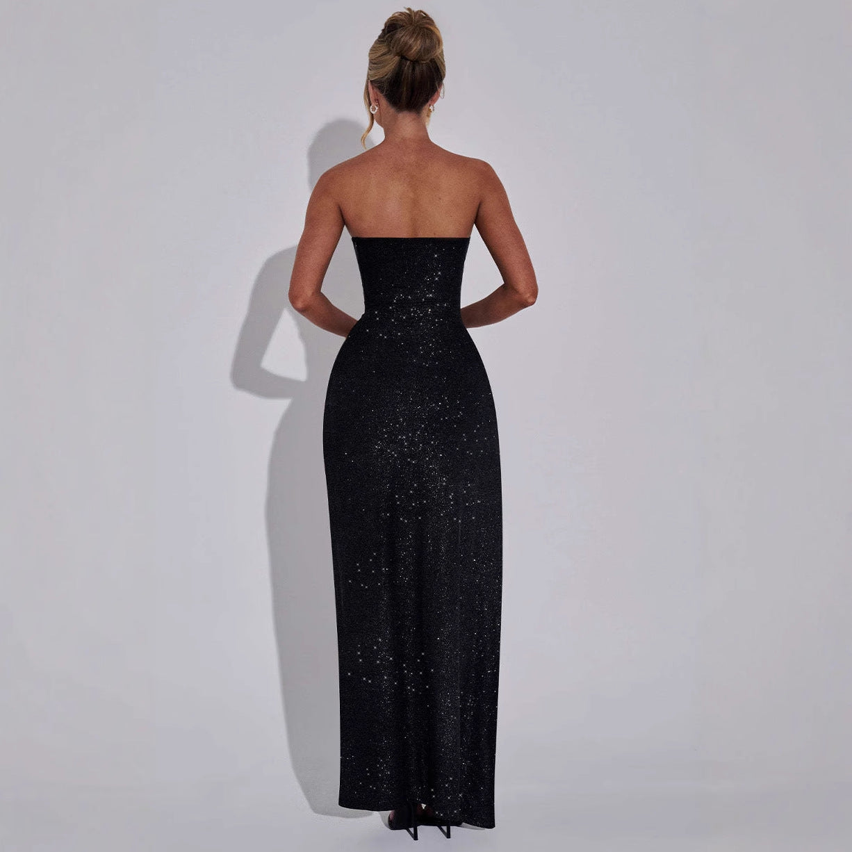Damen Strapless Maxikleid Schimmerstoff Elegant Beinschlitz