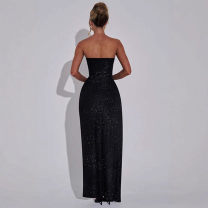 Damen Strapless Maxikleid Schimmerstoff Elegant Beinschlitz