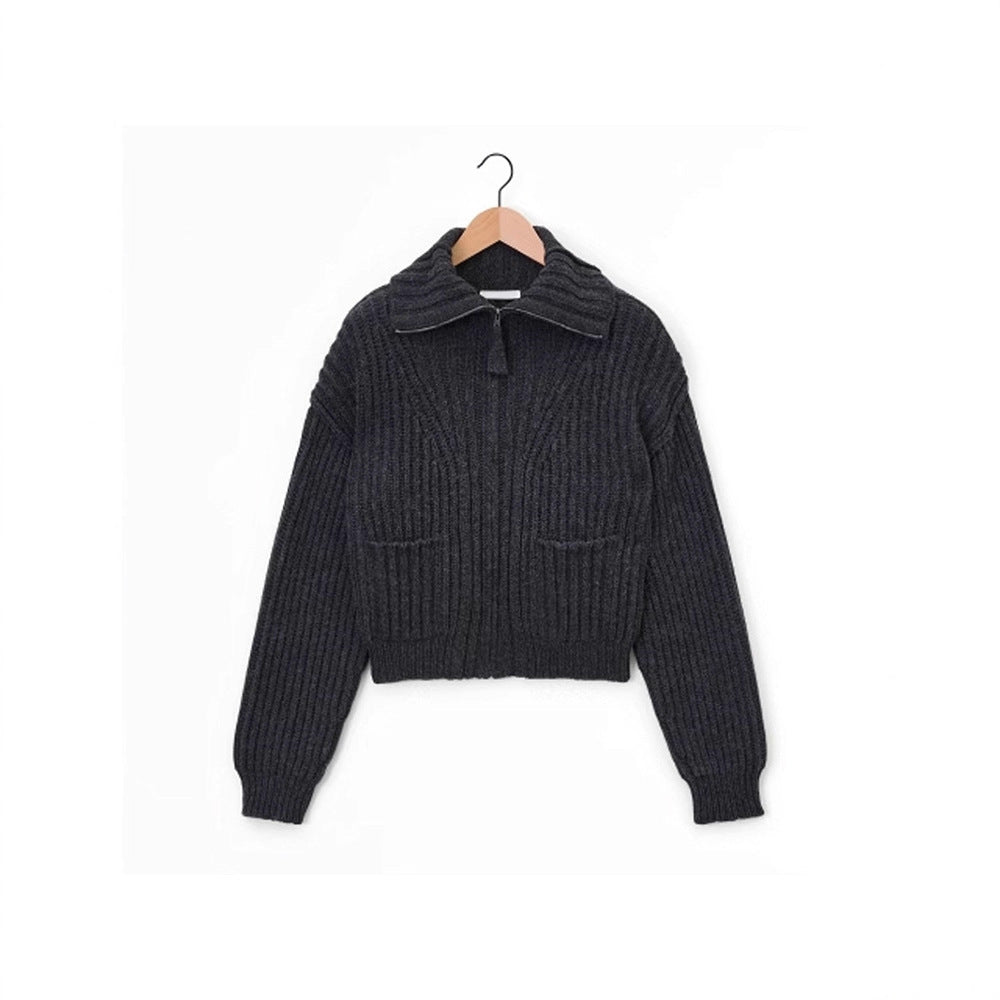 Damen Grobstrickpullover Hochkragen Mit Taschen Beige