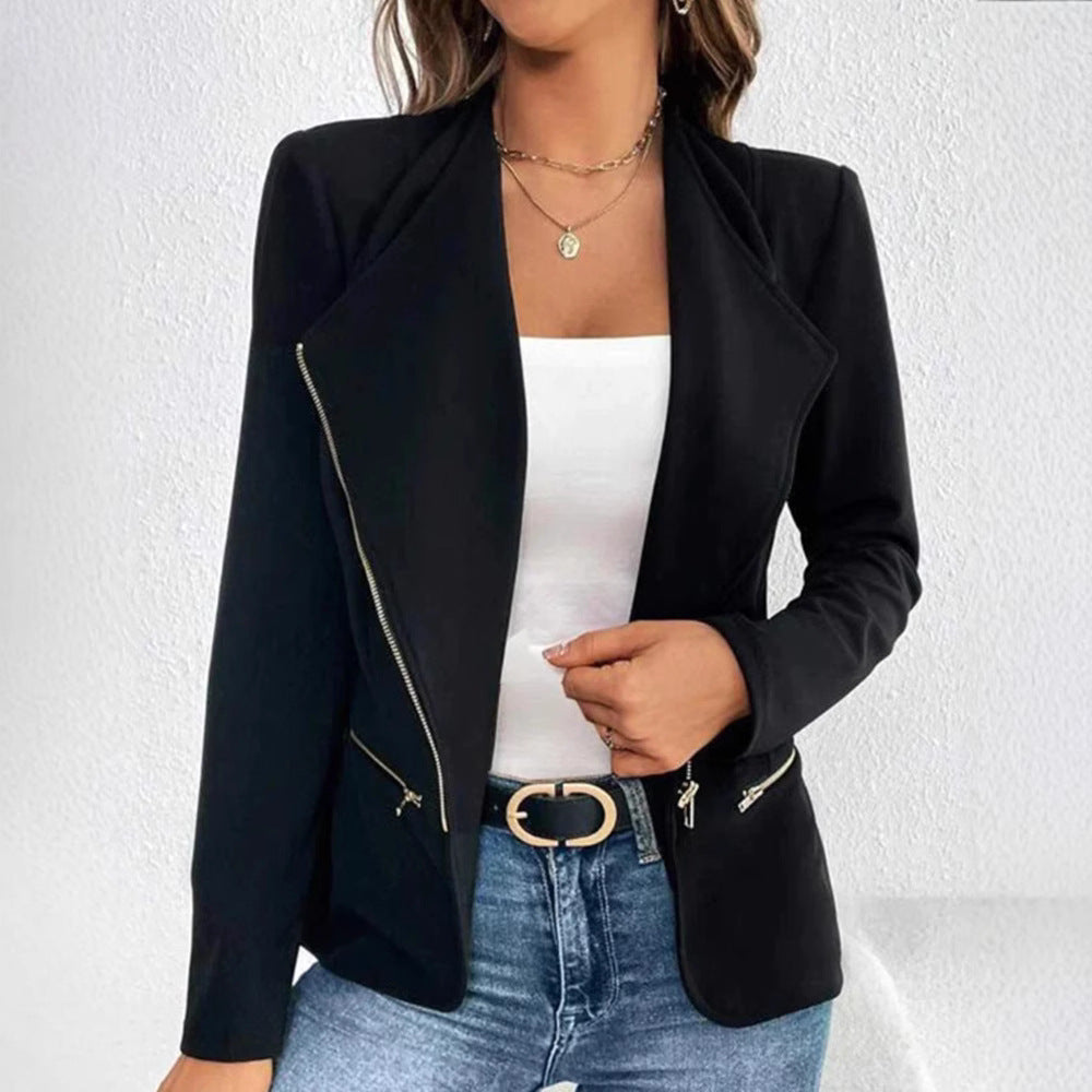 Damen Blazerjacke Elegantes Design Reißverschlussdetails Schwarz - Eveloria