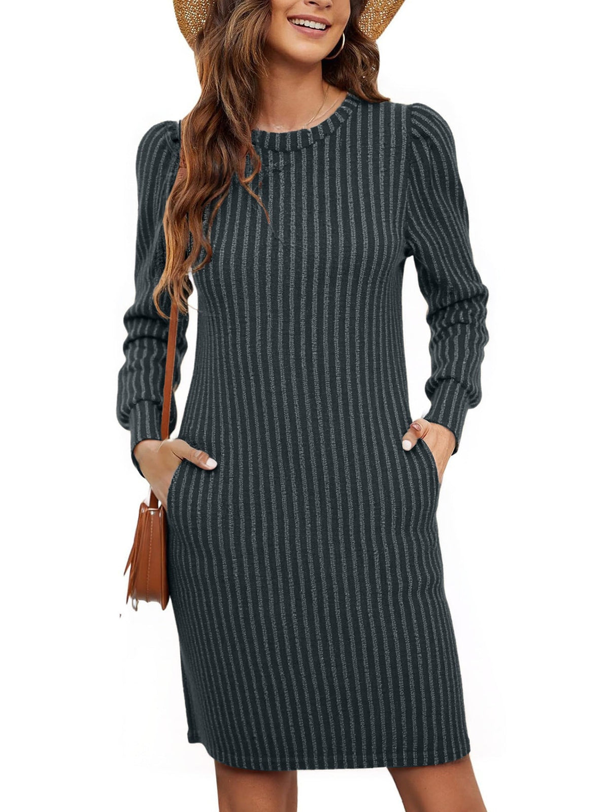 Damen Pulloverkleid Rippstrick Puffärmel Elegant