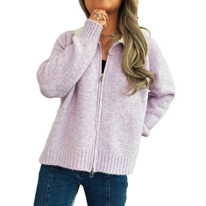 Damen Strickjacke Kontrastkragen Reißverschluss Grau Eveloria