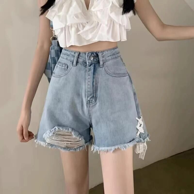 Damen Jeansshorts Destroyed Details Blau