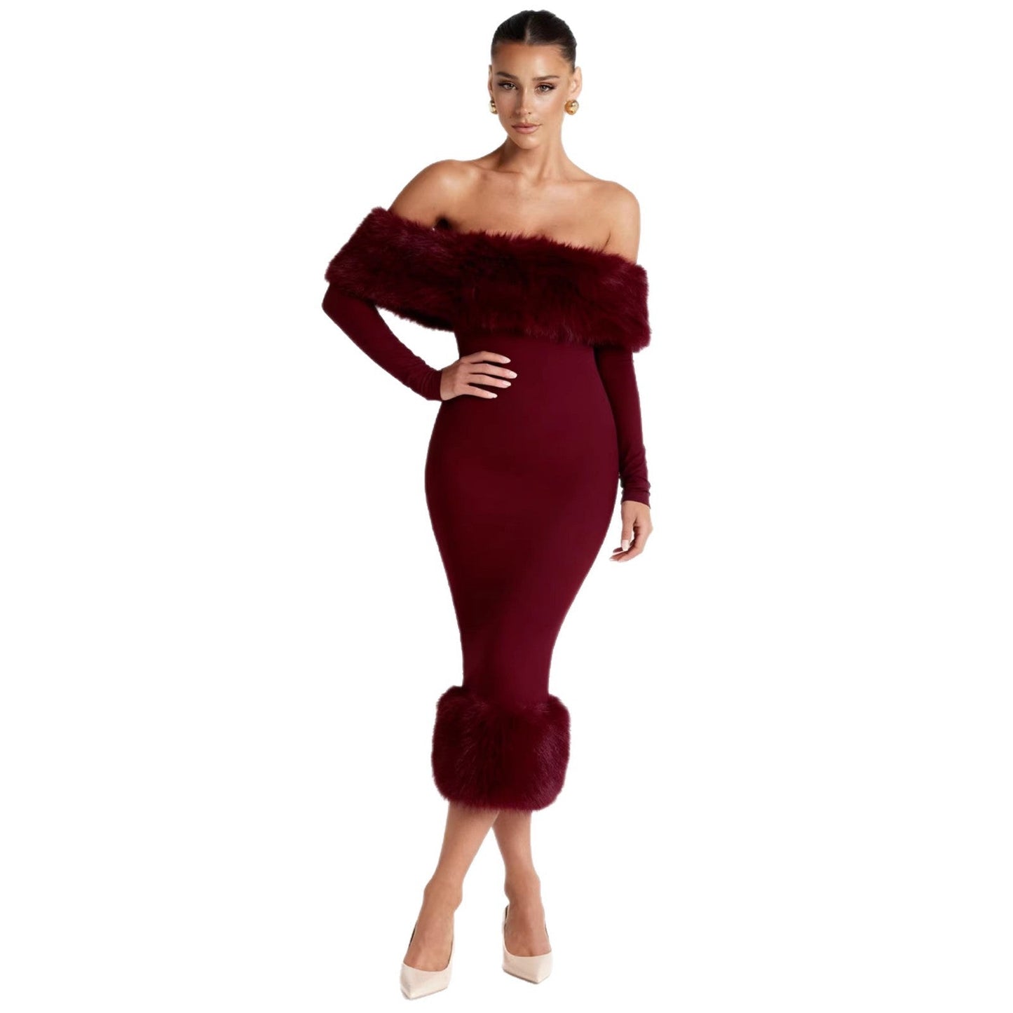 Damen Kleid Figurbetont mit abnehmbarem Kunstfell Eveloria
