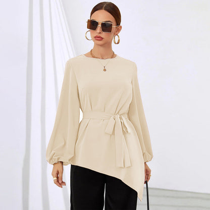 Damen Asymmetrisches Blusen-Shirt mit Taillengürtel Eveloria