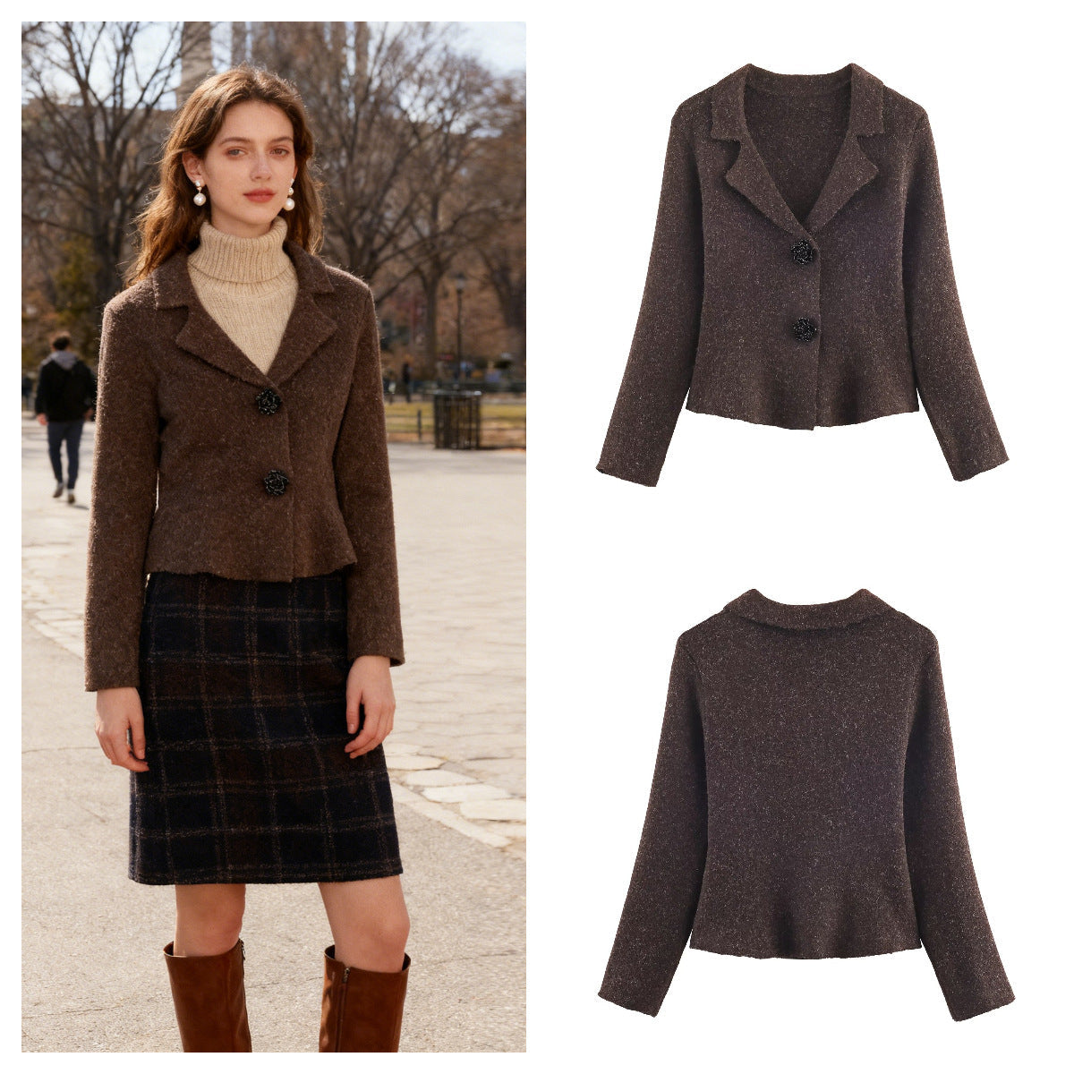 Damen Strickblazer Elegant Revers Beige - Eveloria