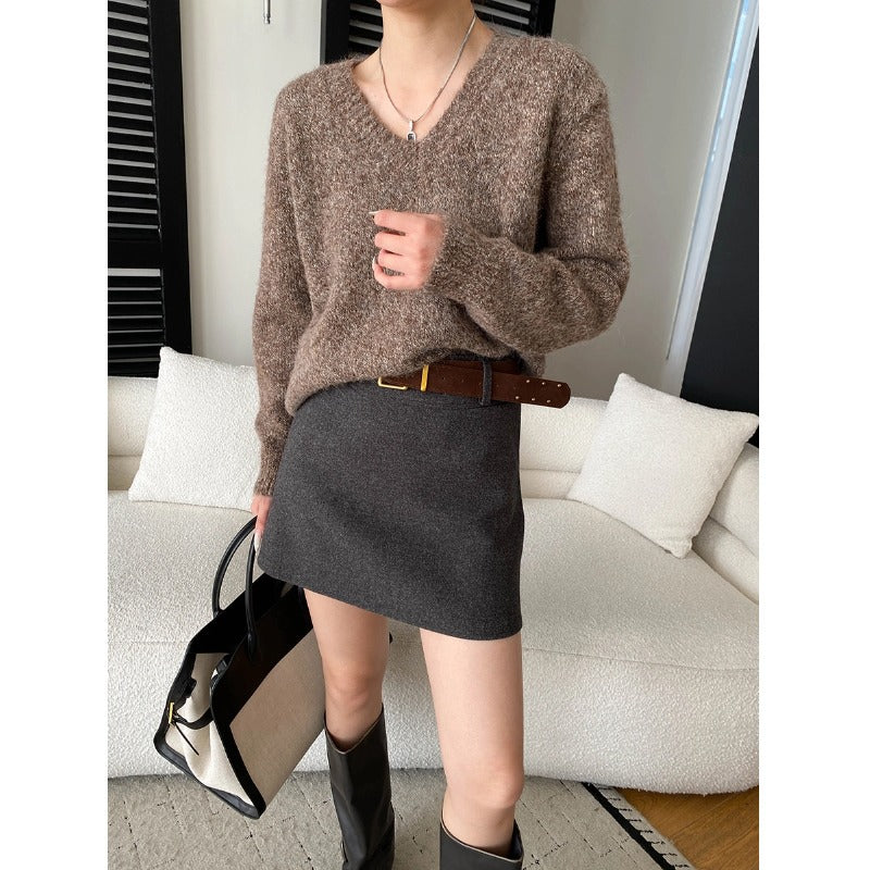 Damen Pullover V-Ausschnitt Weich aus Merino-Wolle Beige