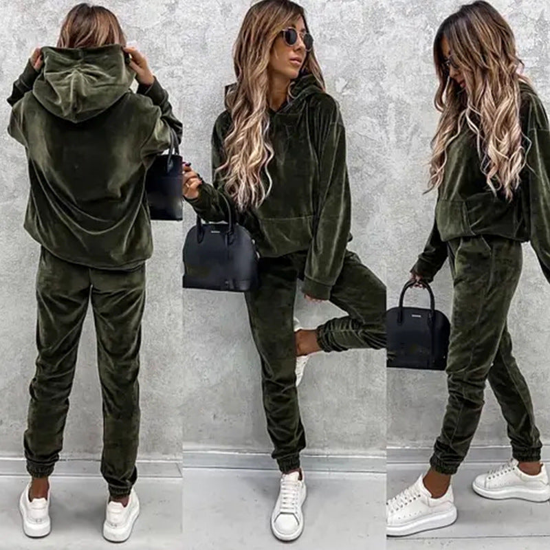 Damen Velours-Jogginganzug mit Kapuze und elastischem Bund