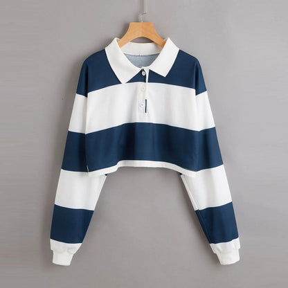 Damen Kurzarm Polo Sweater Bunte Streifen - Eveloria