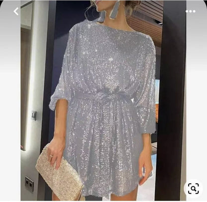 Damen Paillettenkleid Weit Elegant Tailliert Eveloria