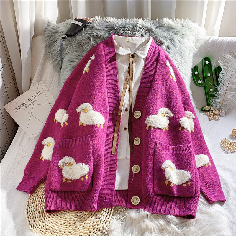 Damen Strickjacke mit Schafemotiv und Taschen